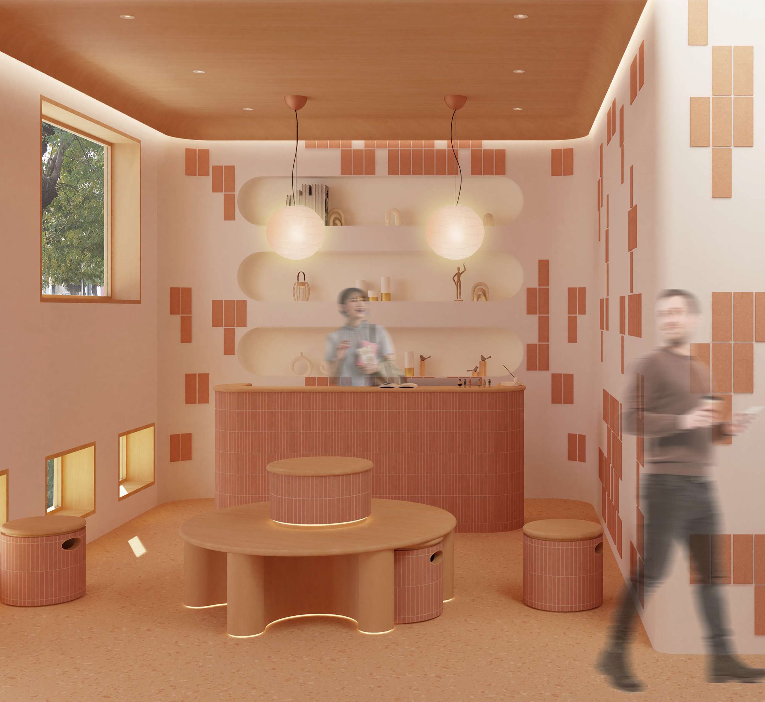 Un interior moderno de un café con tonos suaves y un diseño minimalista.