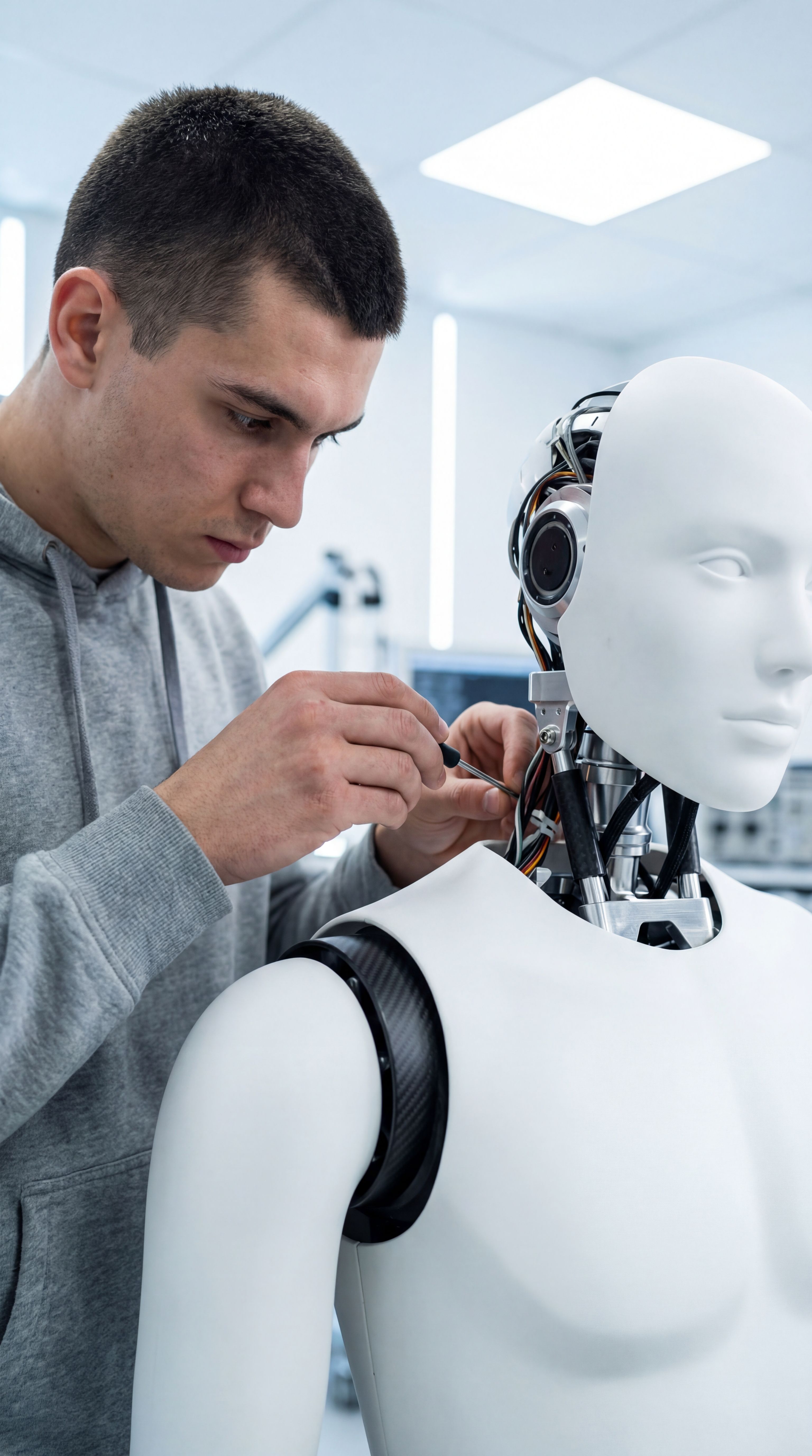 Un hombre trabaja en la parte técnica de un robot humanoide en un laboratorio.
