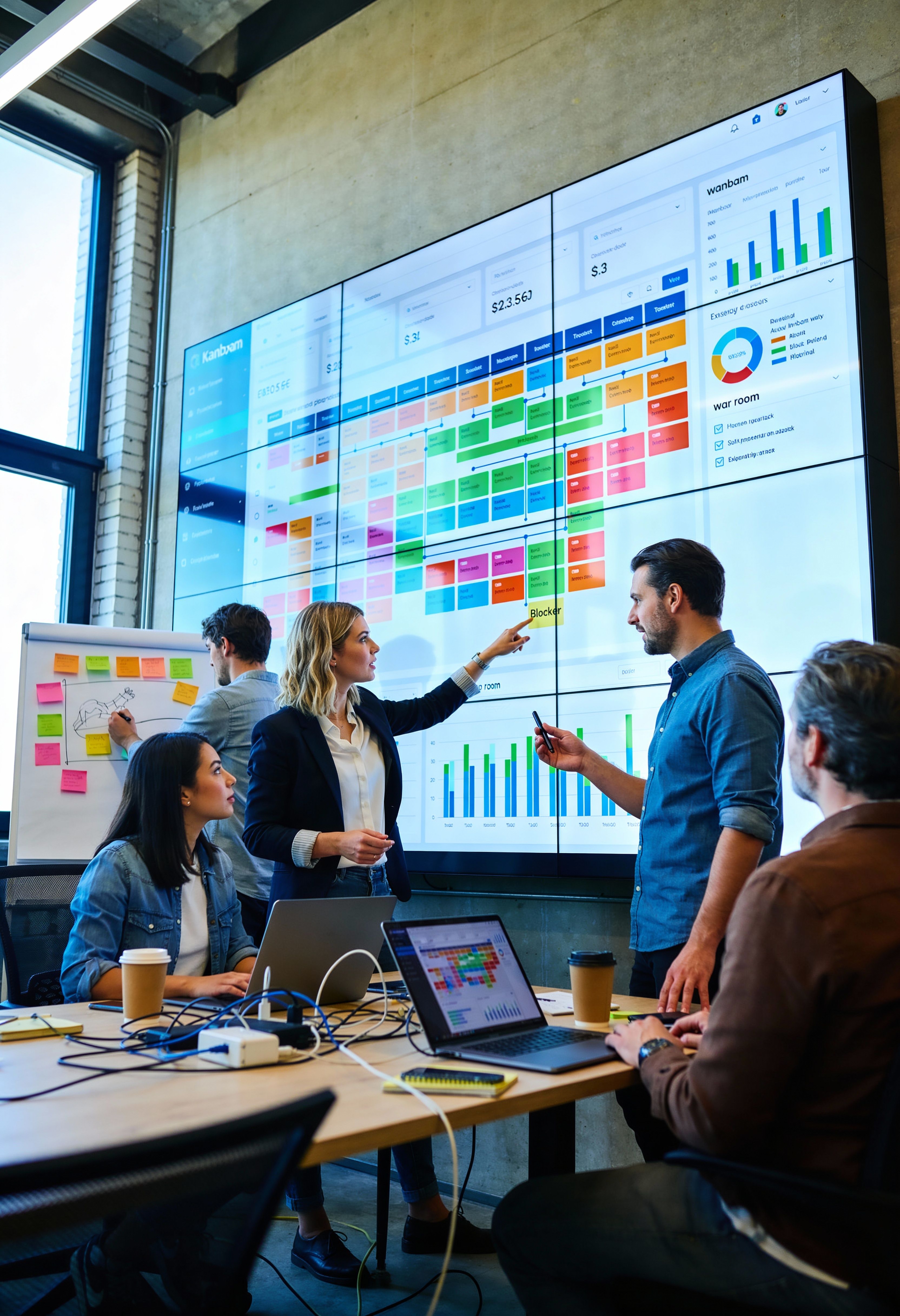 Un grupo de profesionales trabaja en equipo frente a una pantalla con gráficos y datos en un entorno de oficina moderna.