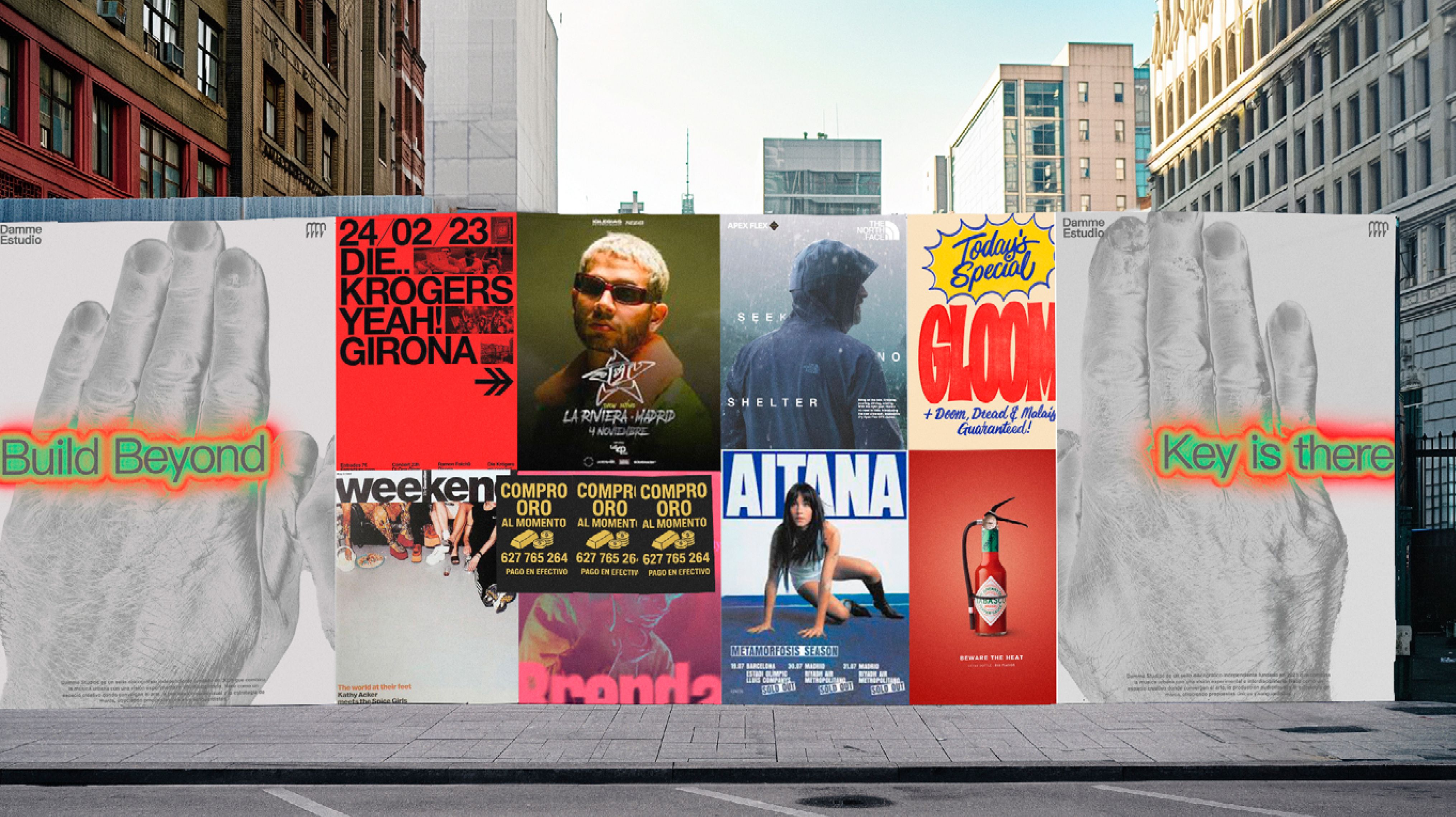 Una pared con varios carteles y graffitis de colores que muestran diferentes anuncios y eventos.