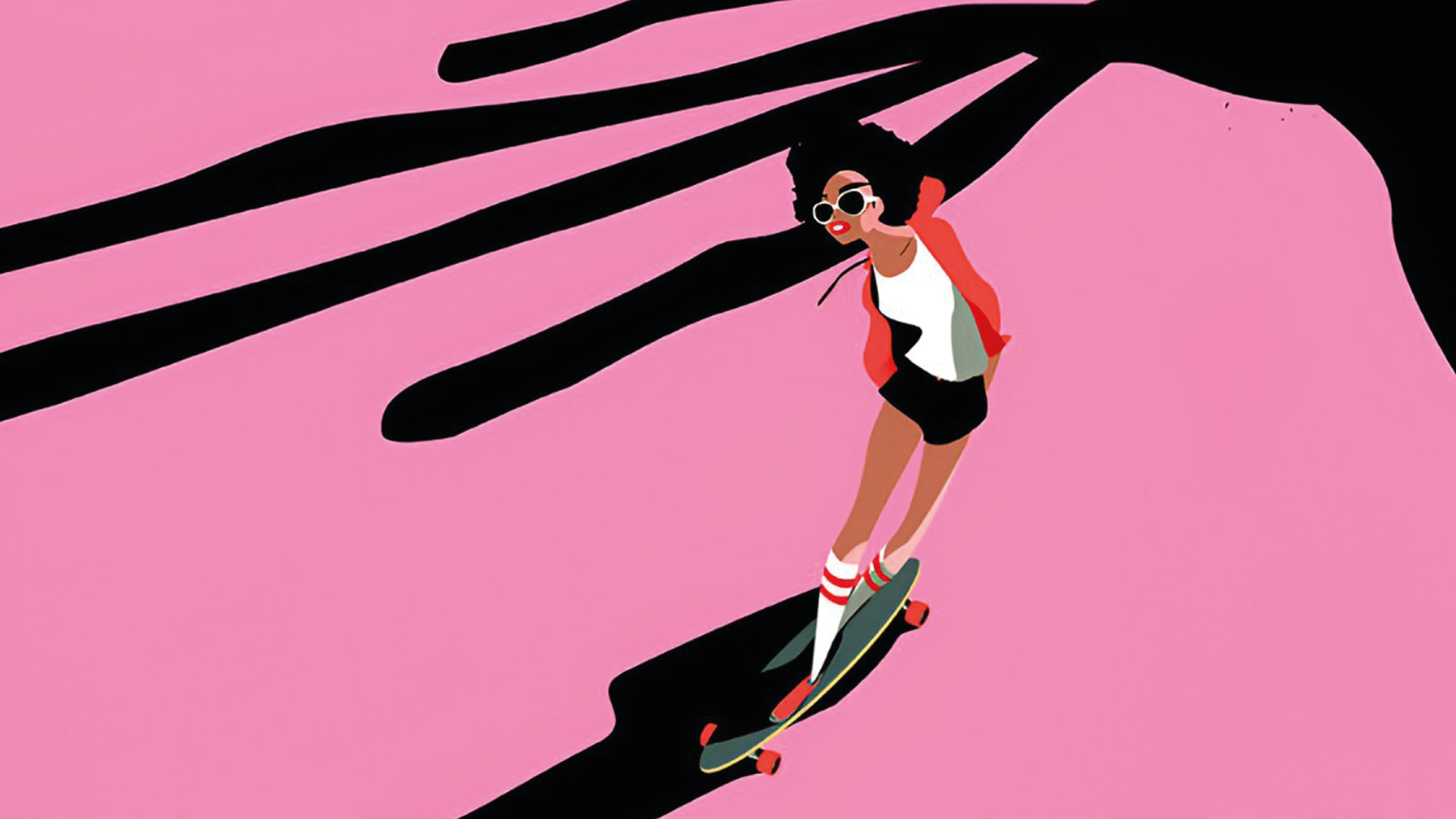 Una chica patinando sobre una patineta con fondo rosa y sombras alargadas.
