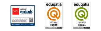 La imagen muestra un distintivo de calidad y certificaciones de la empresa Eduqatia en Madrid.