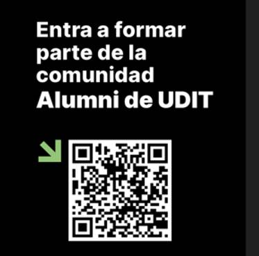 Anuncio para unirse a la comunidad Alumni de UDIT con un código QR.