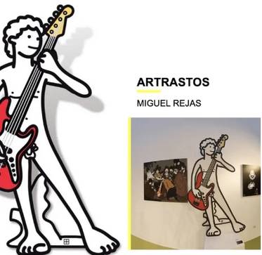 La imagen muestra una ilustración de un personaje tocando una guitarra eléctrica roja en un ambiente artístico.